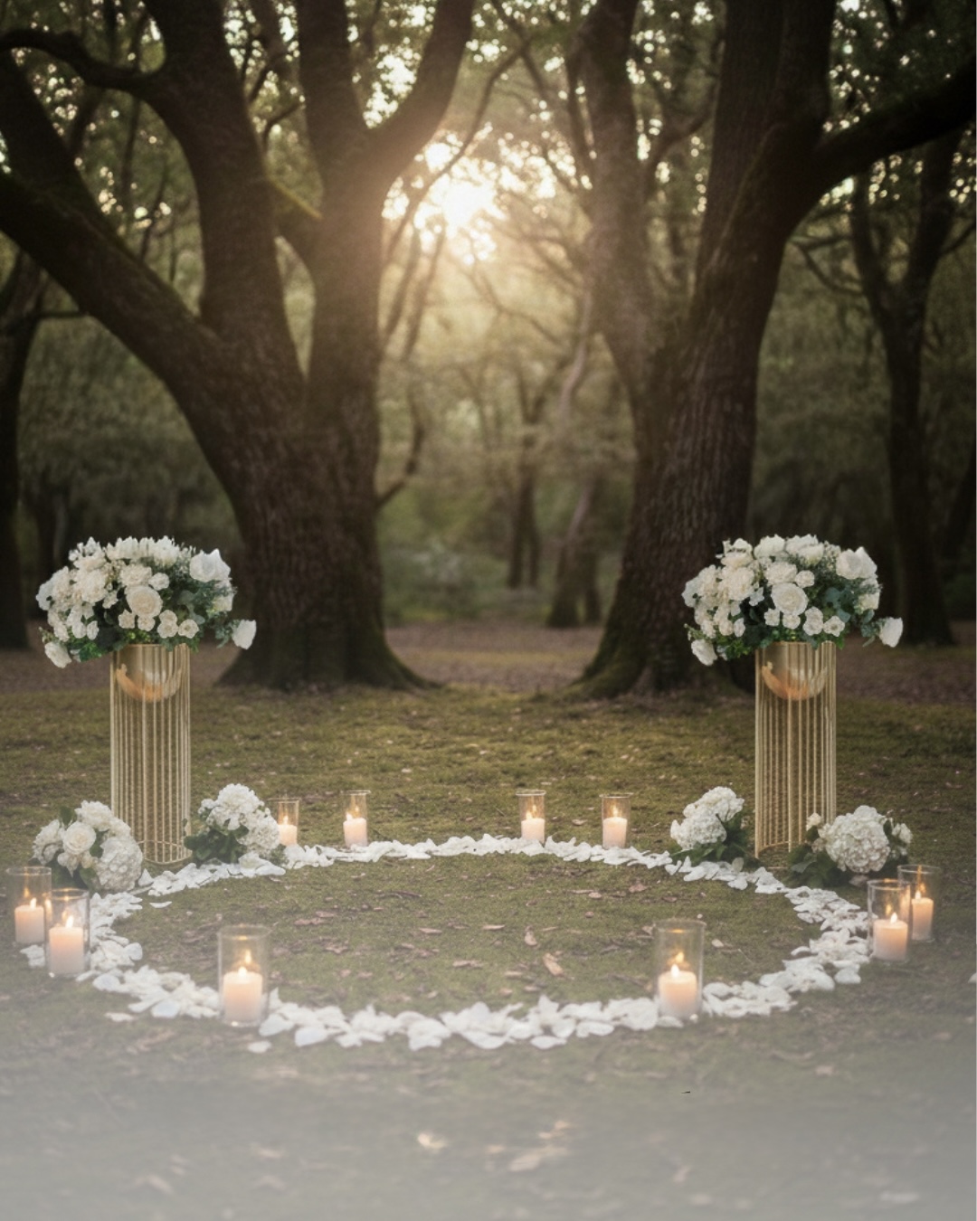 Custom outdoor proposal setup with a white rose petal circle, candles and gold floral pedestals under oak trees