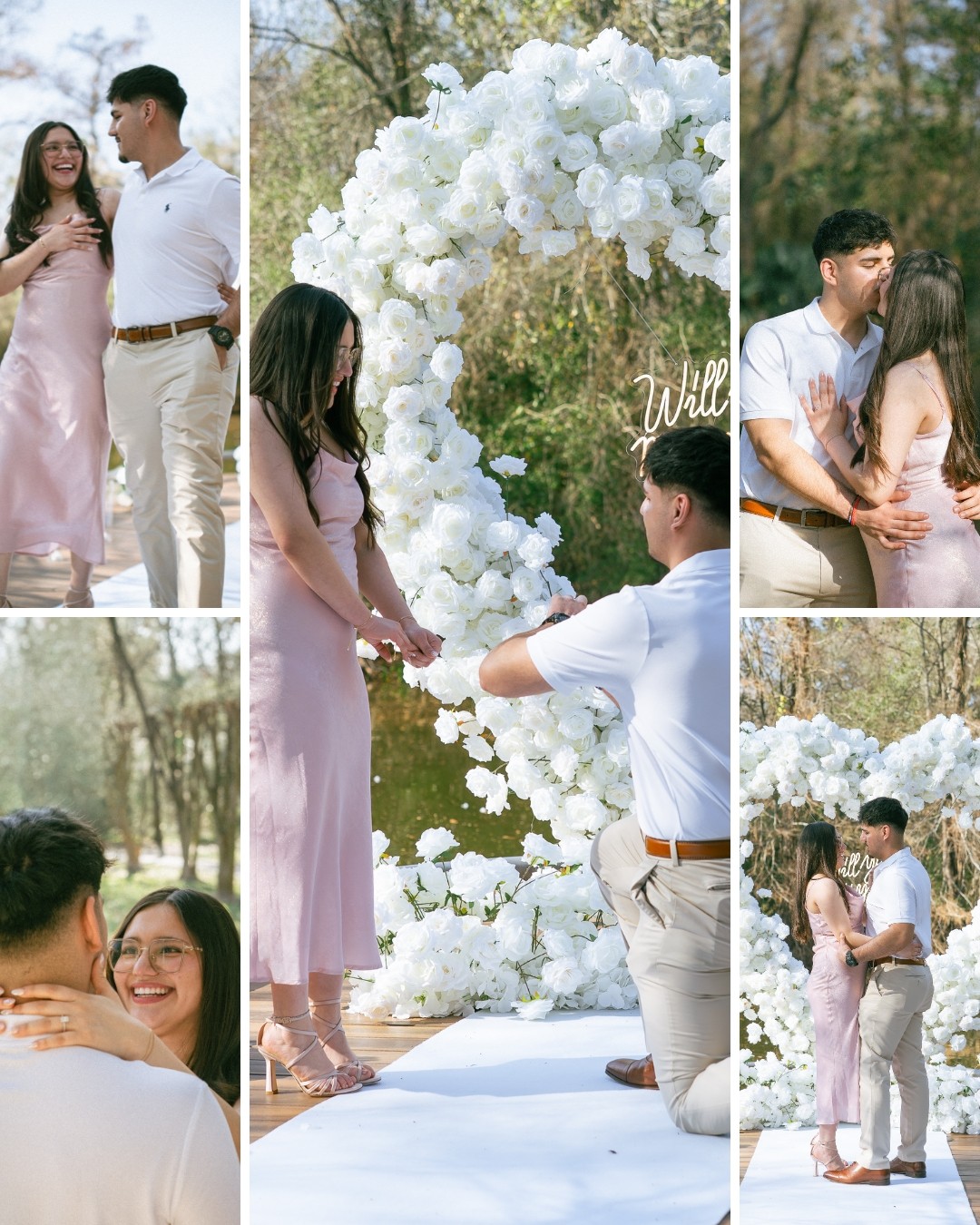 Surprise proposal on a dock under a white rose heart arch: kneeling with the ring, the yes, and the newly engaged couple